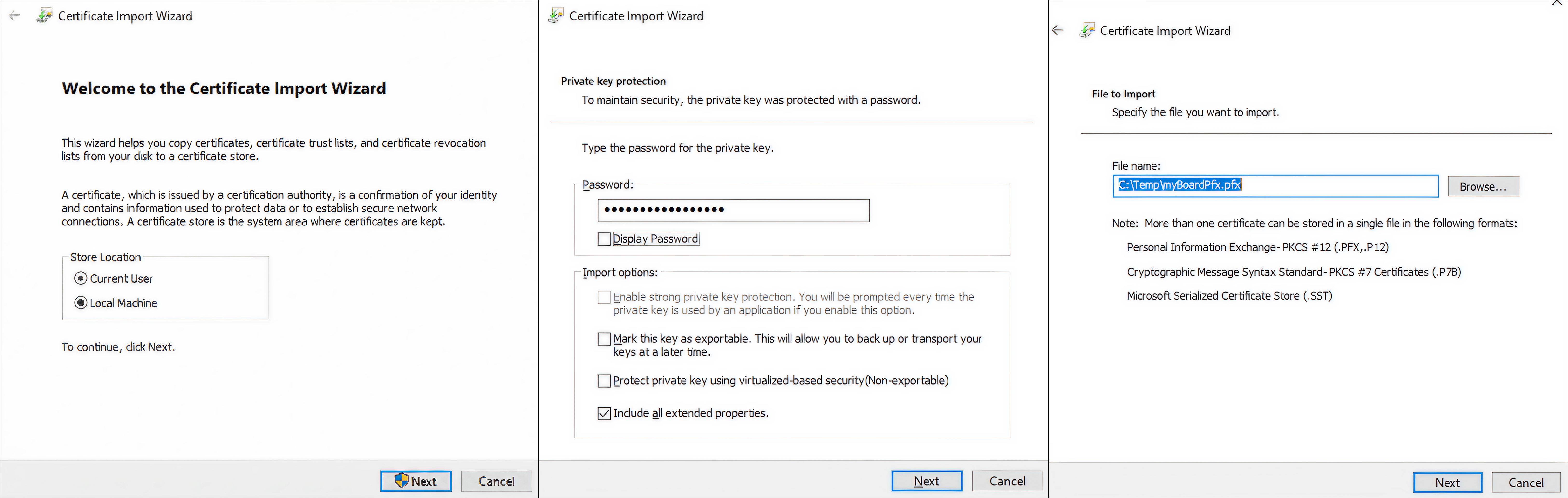 Certificate Import Wizard interface showing steps for importing a certificate securely.